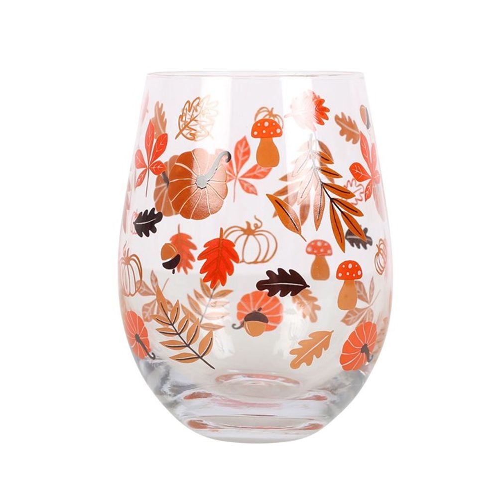 Autumn Leaves and Pumpkins Stemless Glass